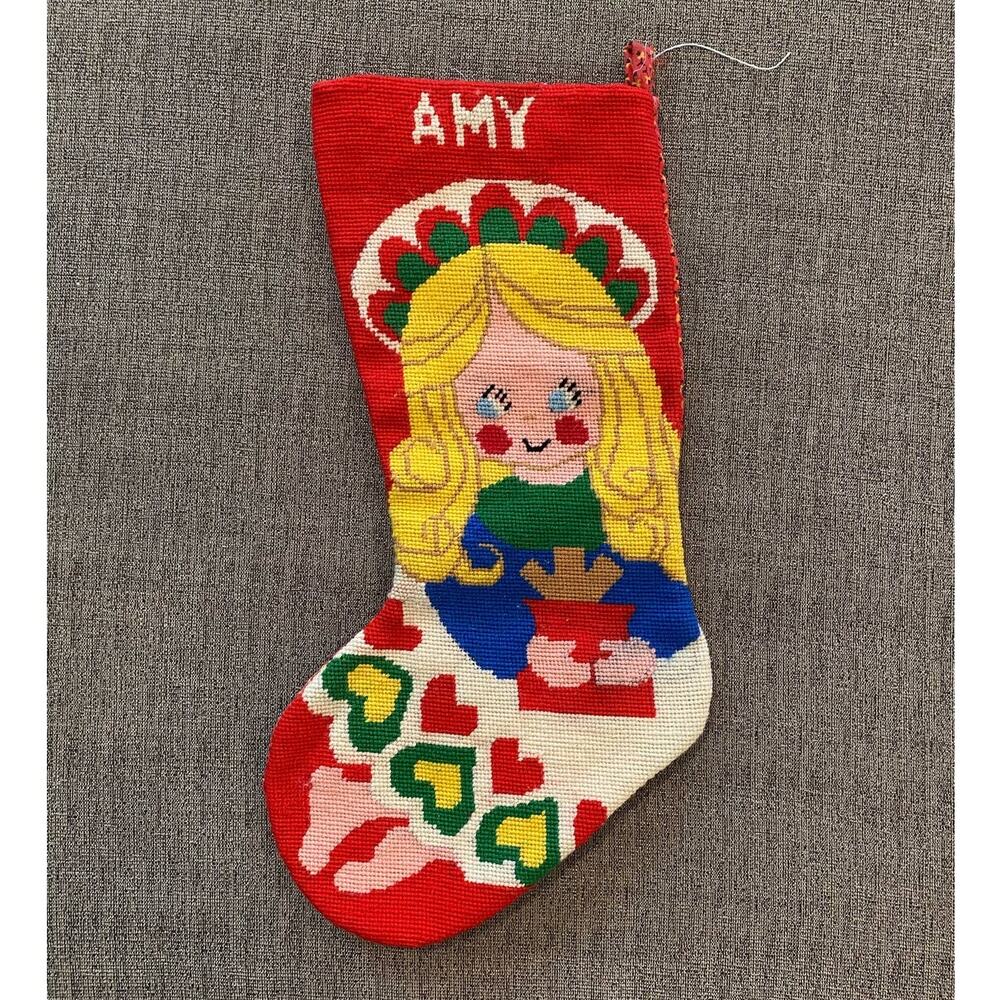 Amy Christmas Cross Stitch Holiday Stocking Quilted 1981
